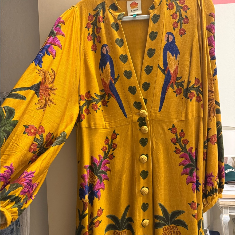 Farm Rio size L Vibrant Yellow Parrot Dress WORN ONCE!